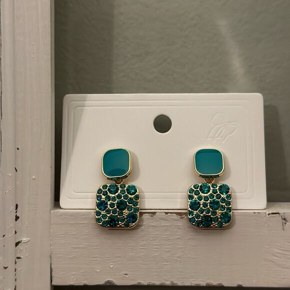 Square, metal, enamel, colored stone earrings. New. Not heavy. Very colorful - Picture 1 of 5